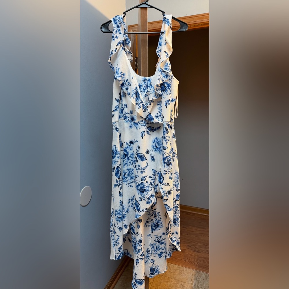 by & by Blue and White Floral High Low Dress